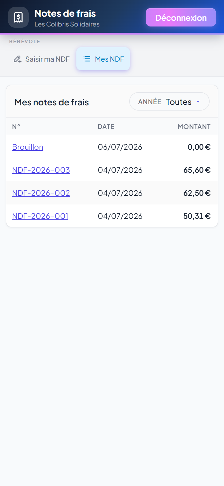 Historique de mes notes de frais sur mobile