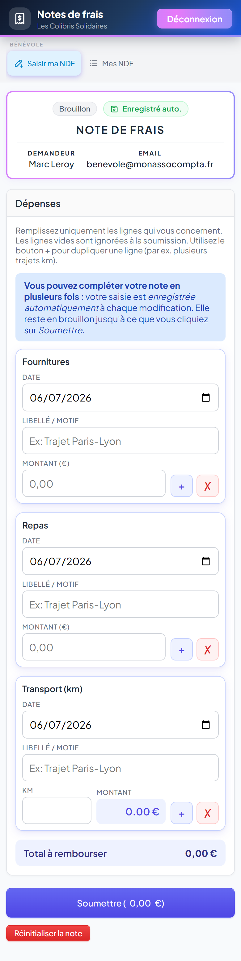 Saisie d'une note de frais sur mobile