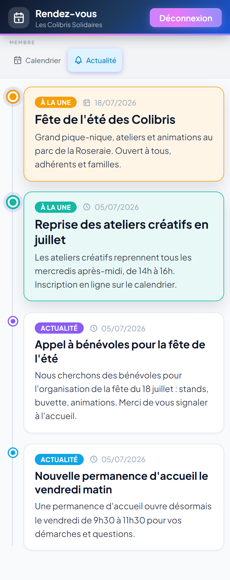 Actualités de l'association sur mobile