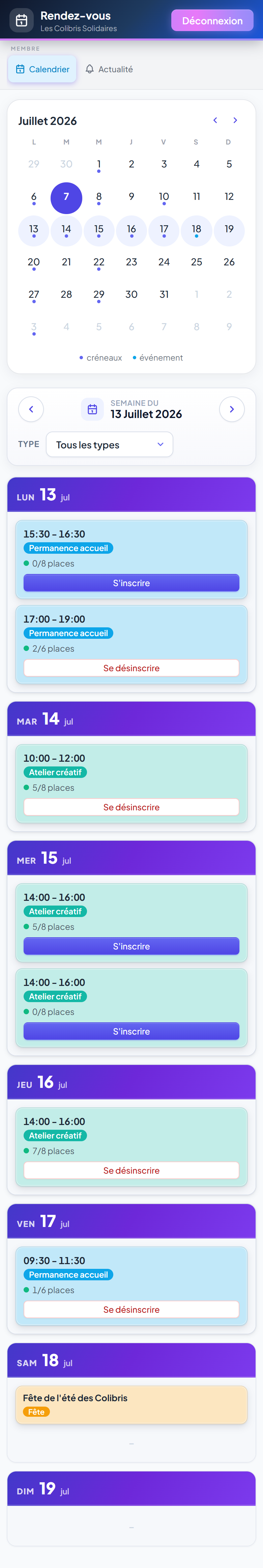 Réservation d'un créneau sur mobile