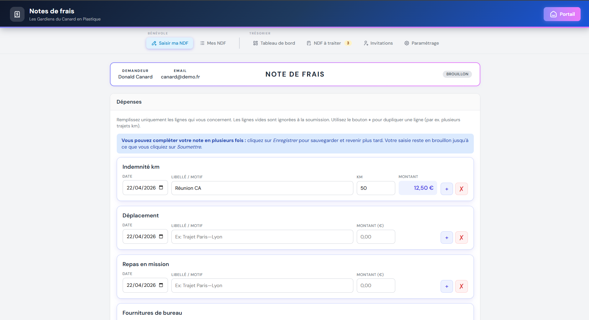 Formulaire de saisie d'une note de frais avec lignes et catégories