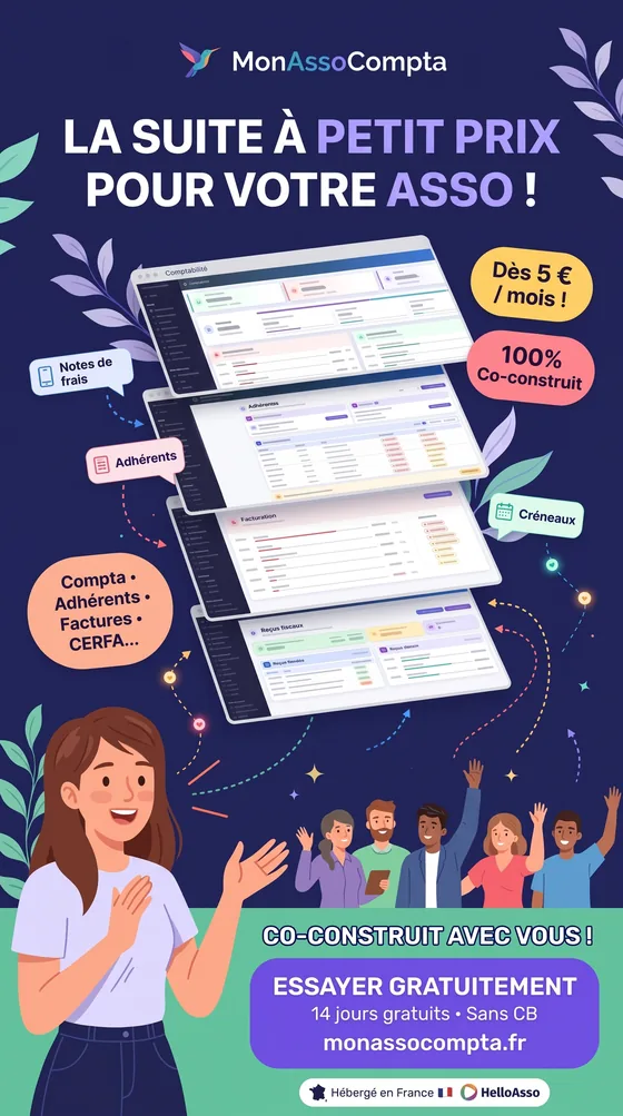 MonAssoCompta, la suite à petit prix pour votre association : comptabilité, adhérents, facturation, reçus fiscaux. Essai gratuit 14 jours.