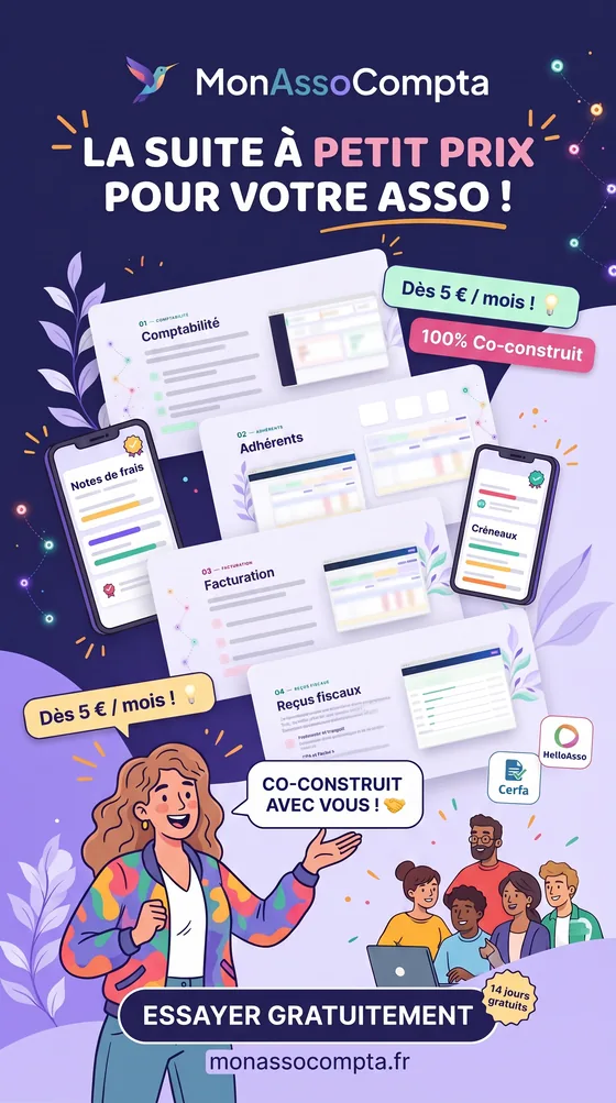 MonAssoCompta, la suite à petit prix pour votre association : comptabilité, adhérents, facturation, reçus fiscaux. Essai gratuit 14 jours.
