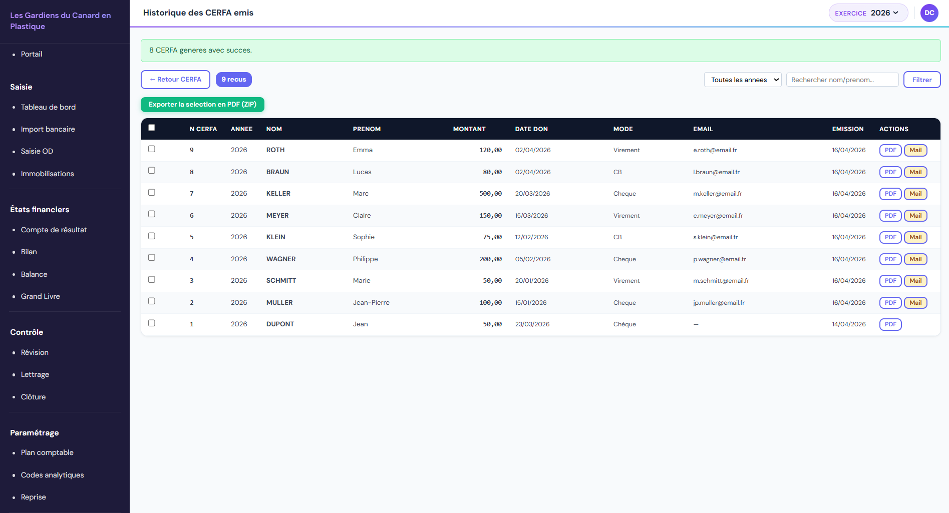 Historique des CERFA émis
