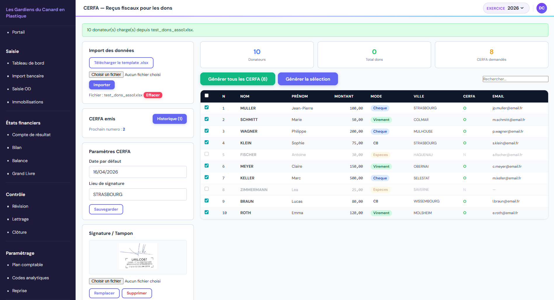 Méthode 1 — import du template Excel dans CERFA dons