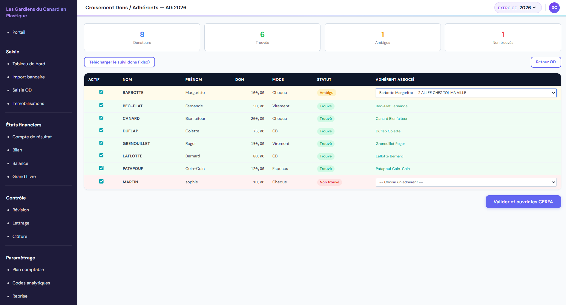 CERFA dons — génération automatique