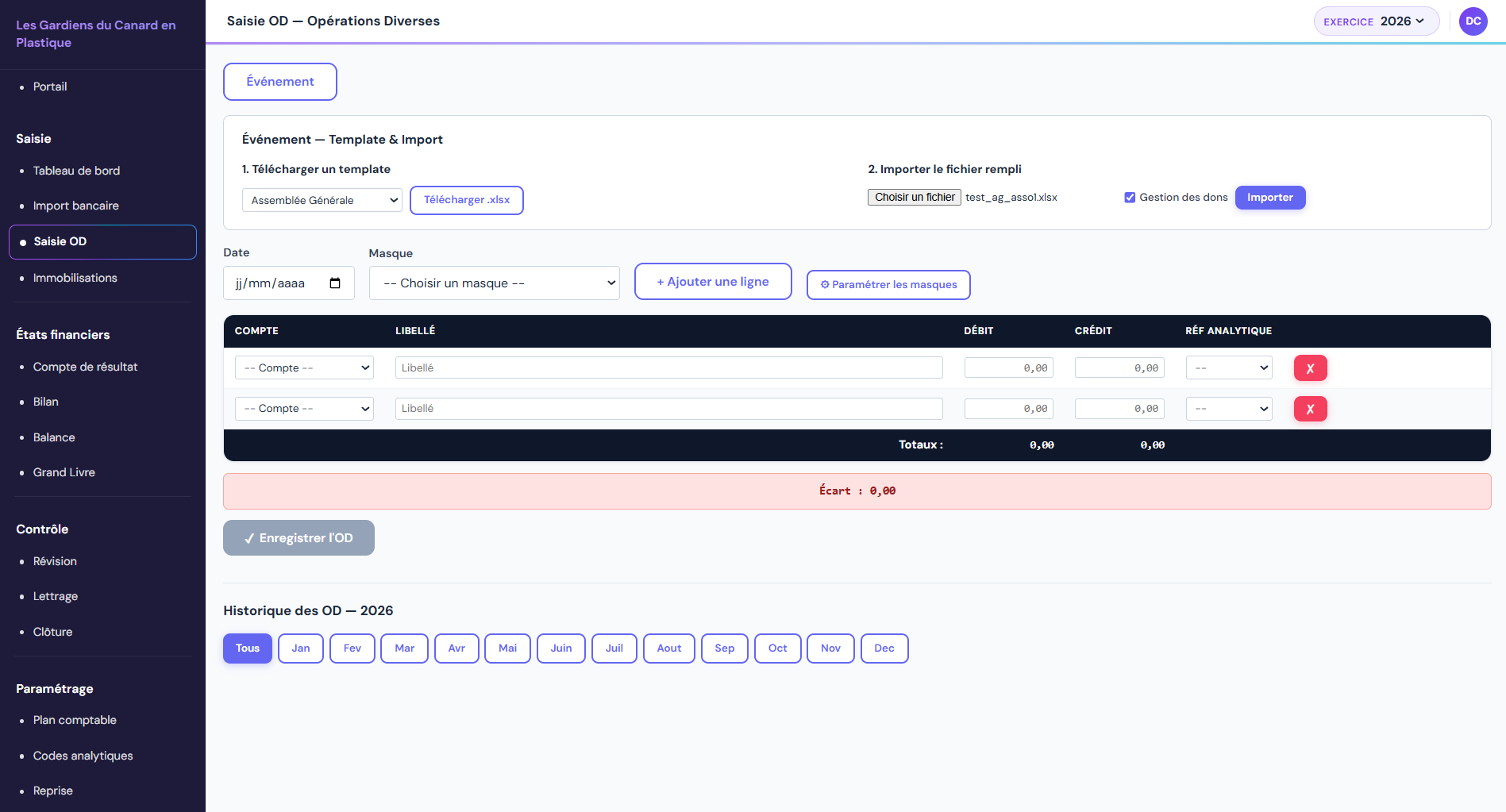 Méthode 2 — écran événement avec upload template + coche gestion des dons