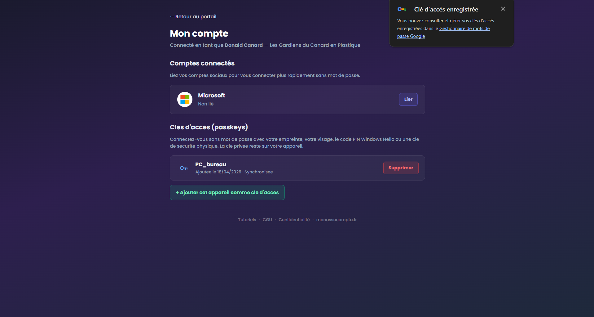 Message Windows : clé enregistrée