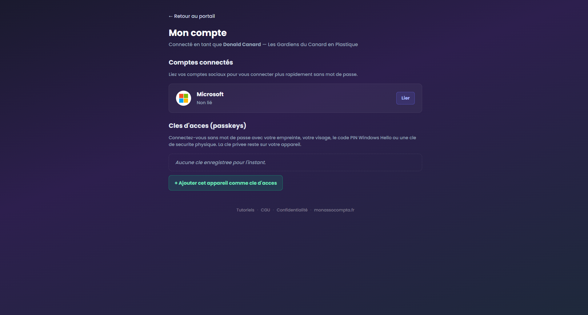 Page Mon compte avec la section clés d'accès