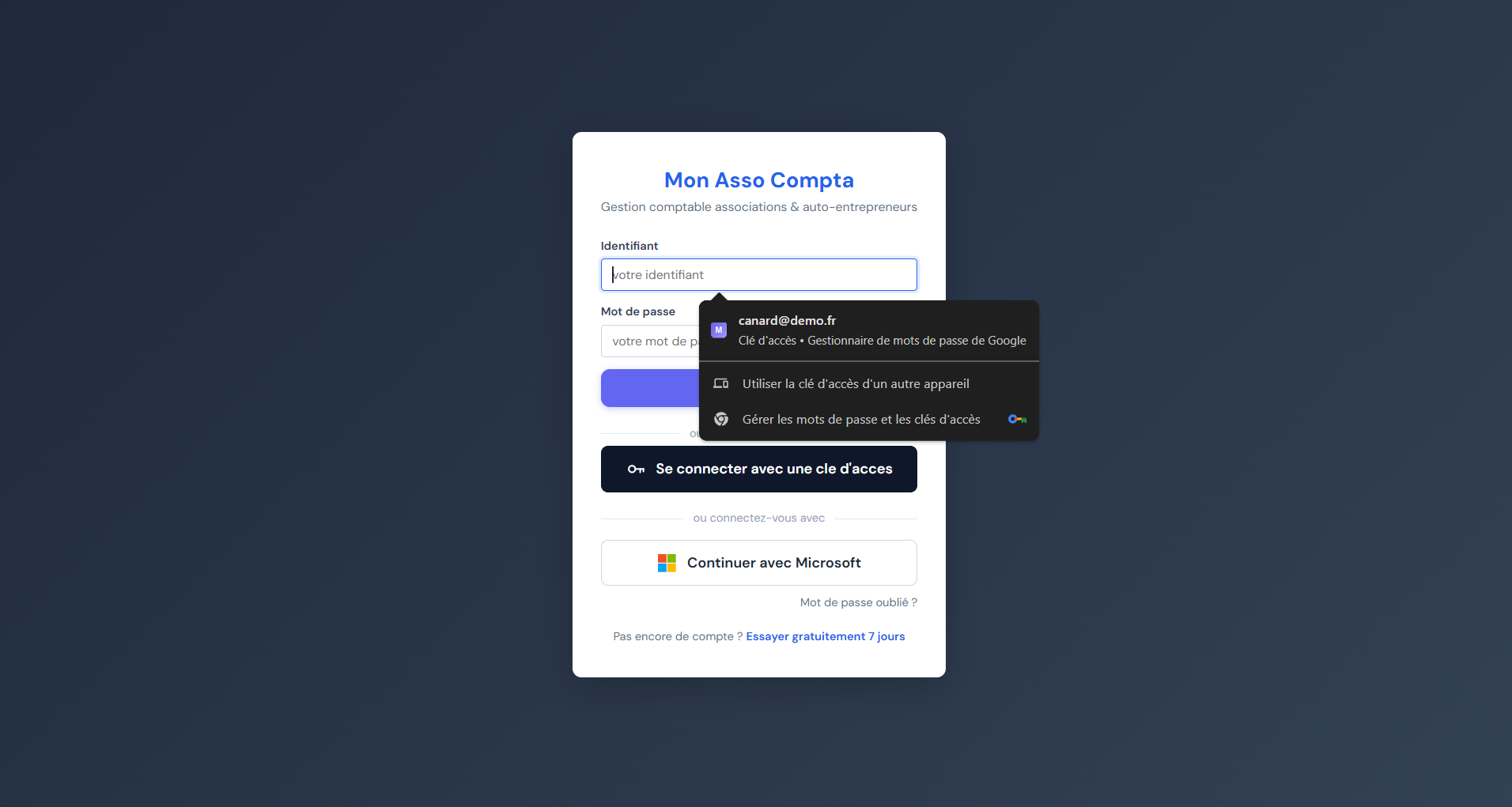 Demande d'utilisation de la clé d'accès