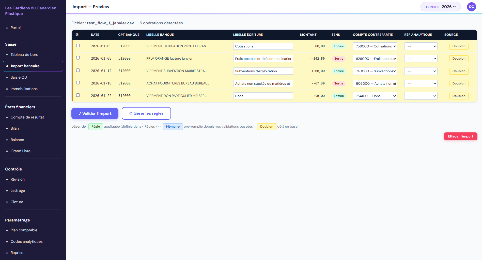 Aperçu d'import — lignes en doublon avec badge Doublon et fond jaune