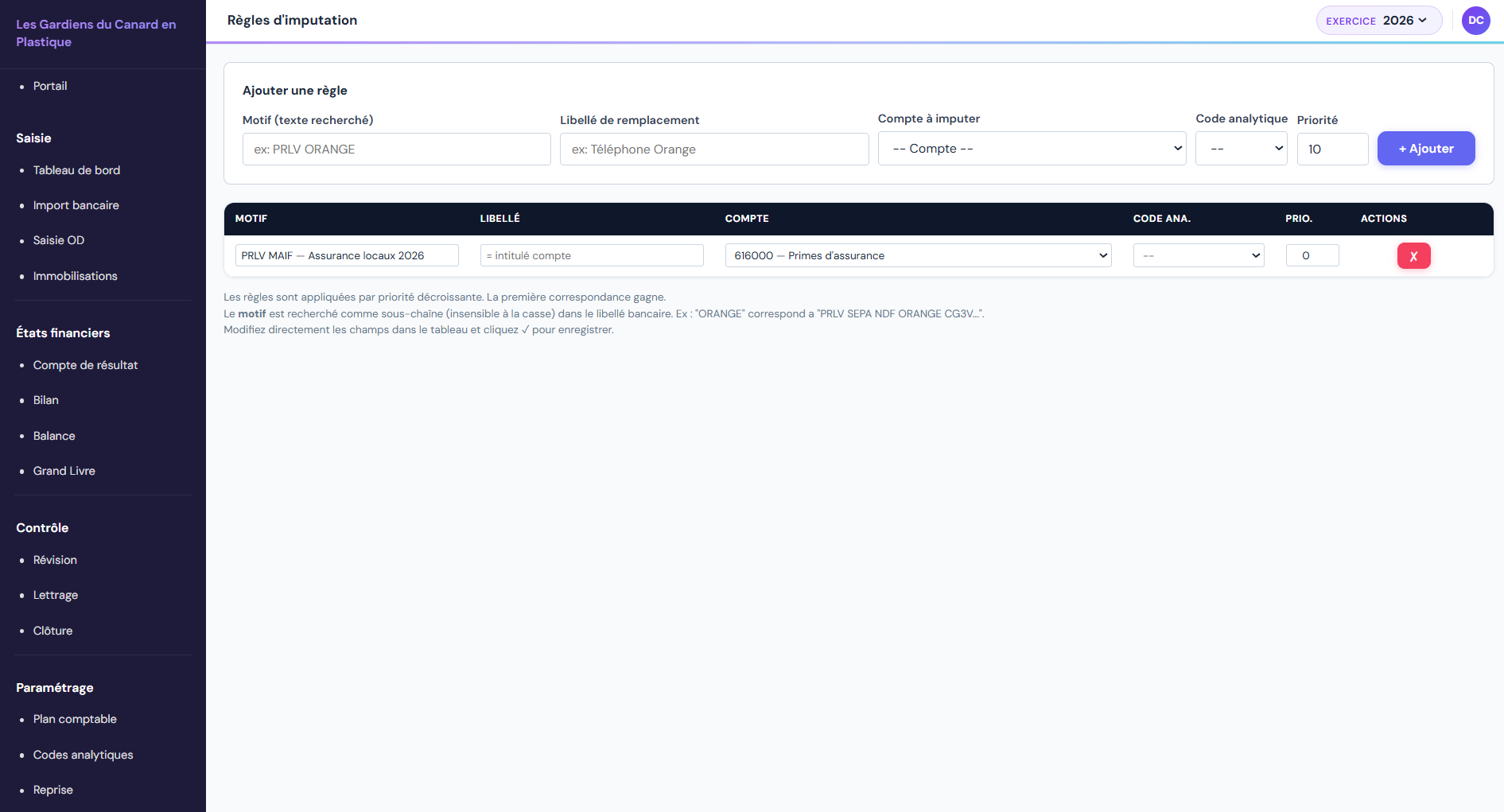 Écran de gestion des règles d'imputation
