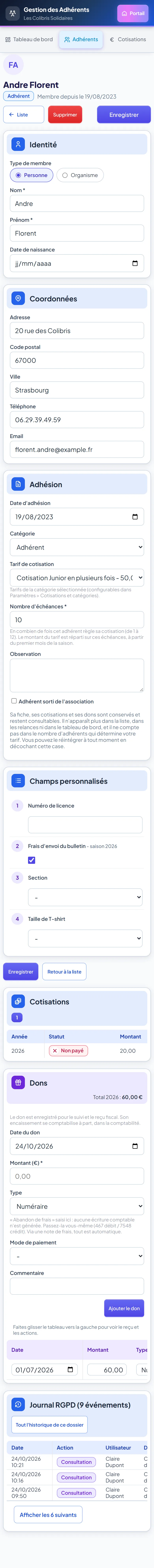 Fiche adhérent sur mobile