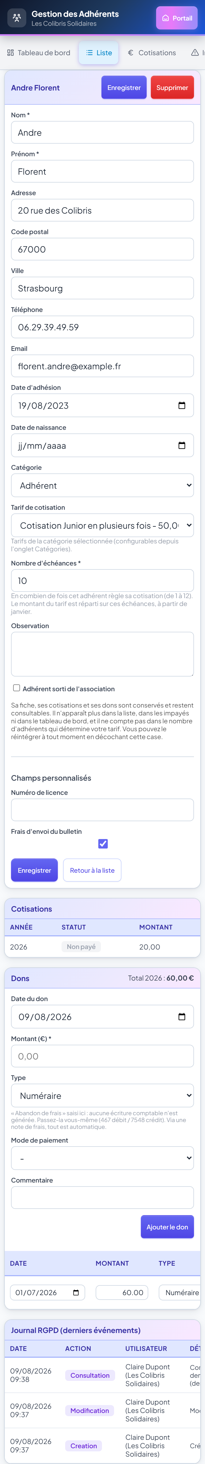 Fiche adhérent sur mobile
