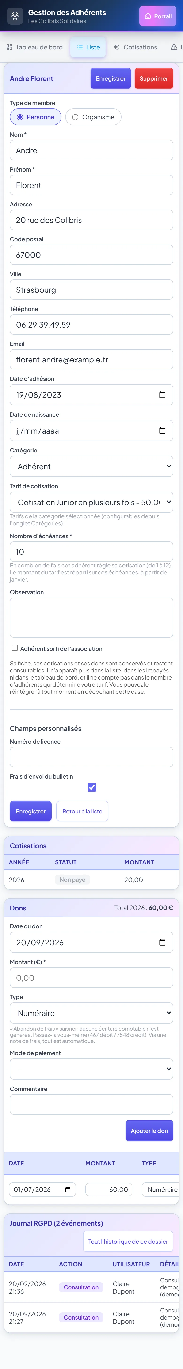 Fiche adhérent sur mobile
