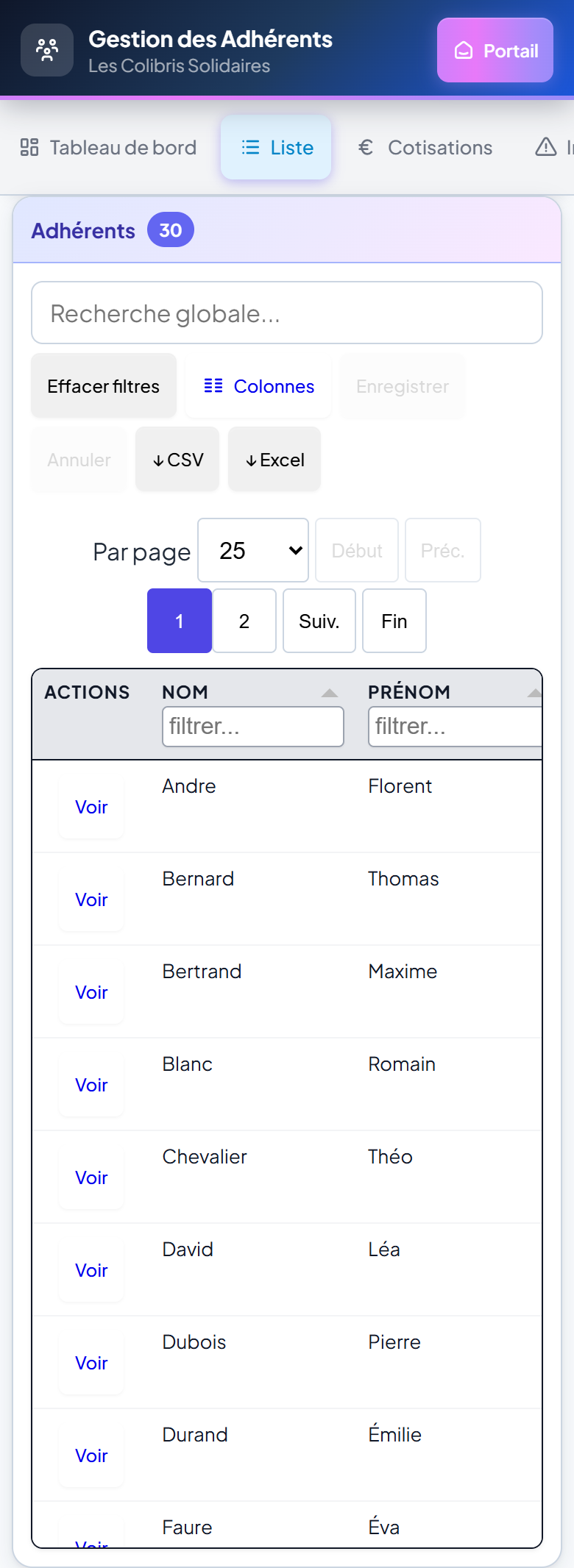 Liste des adhérents sur mobile