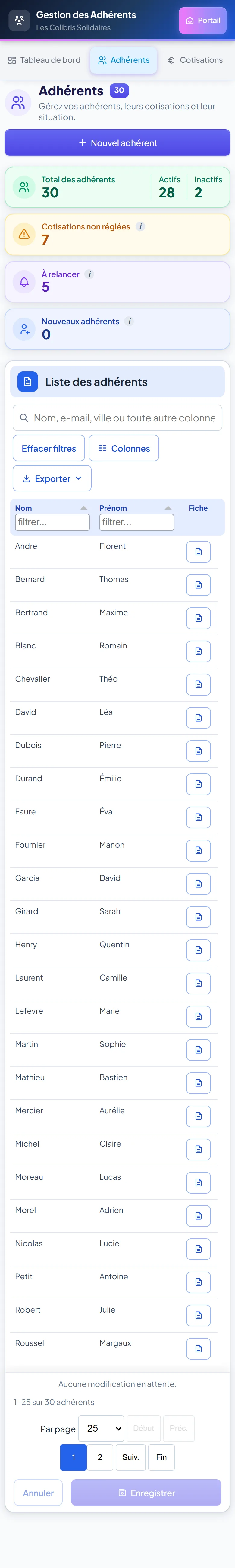 Liste des adhérents sur mobile