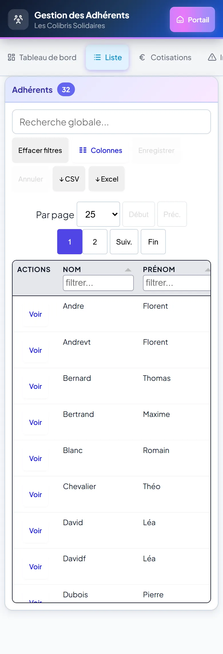 Liste des adhérents sur mobile