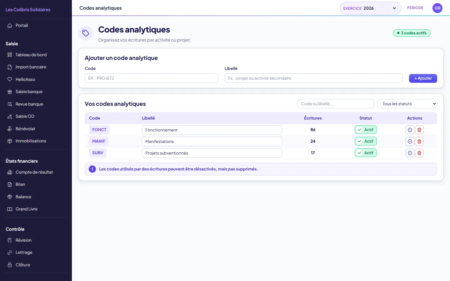 Codes analytiques : la liste des codes de l'association avec le nombre d'écritures ventilées sur chacun