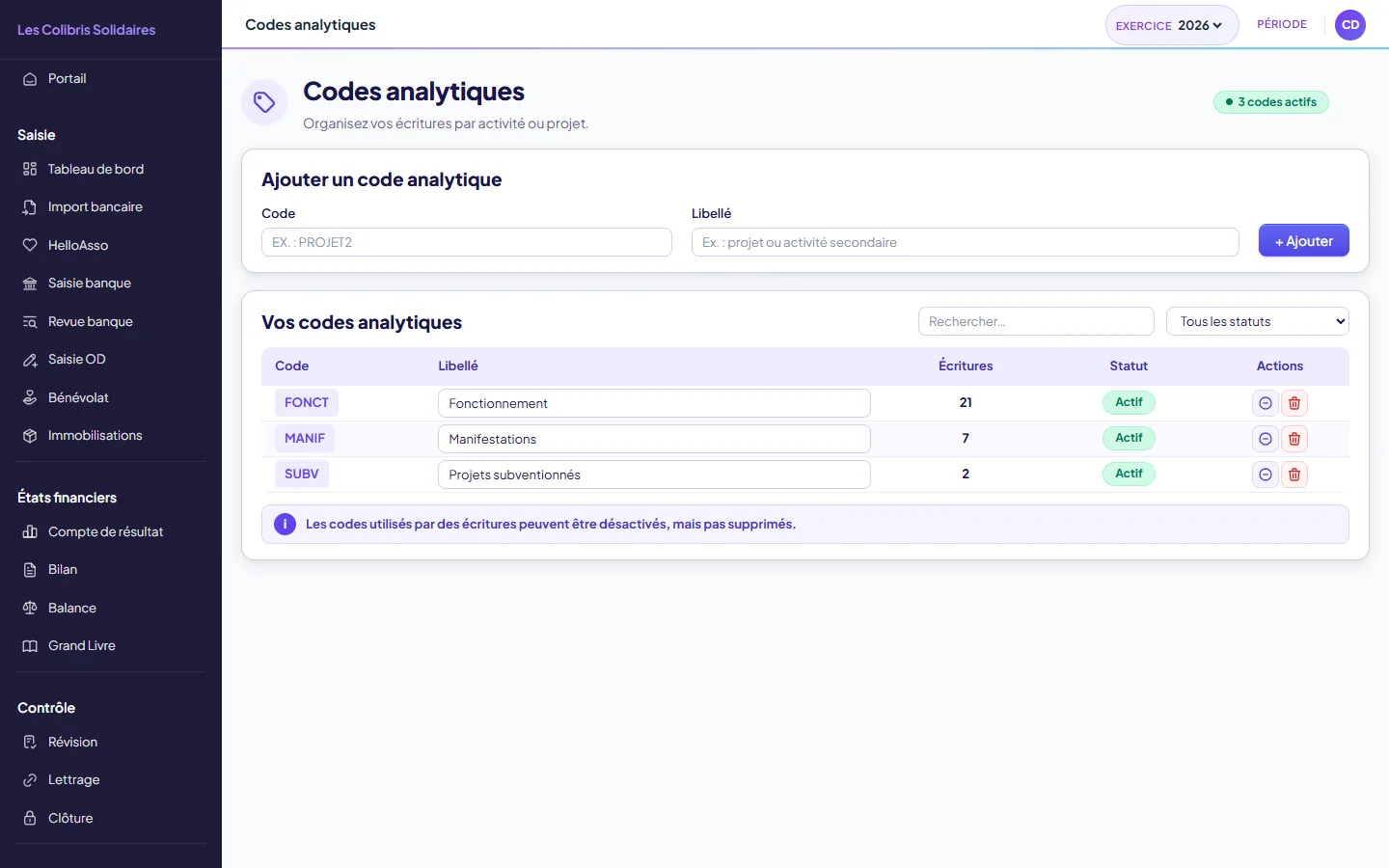 Codes analytiques : la liste des codes de l'association avec le nombre d'écritures ventilées sur chacun