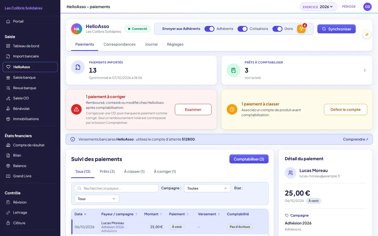 Connecteur HelloAsso : les paiements importés avec leur campagne, leur payeur, leur destination comptable et leur état de versement