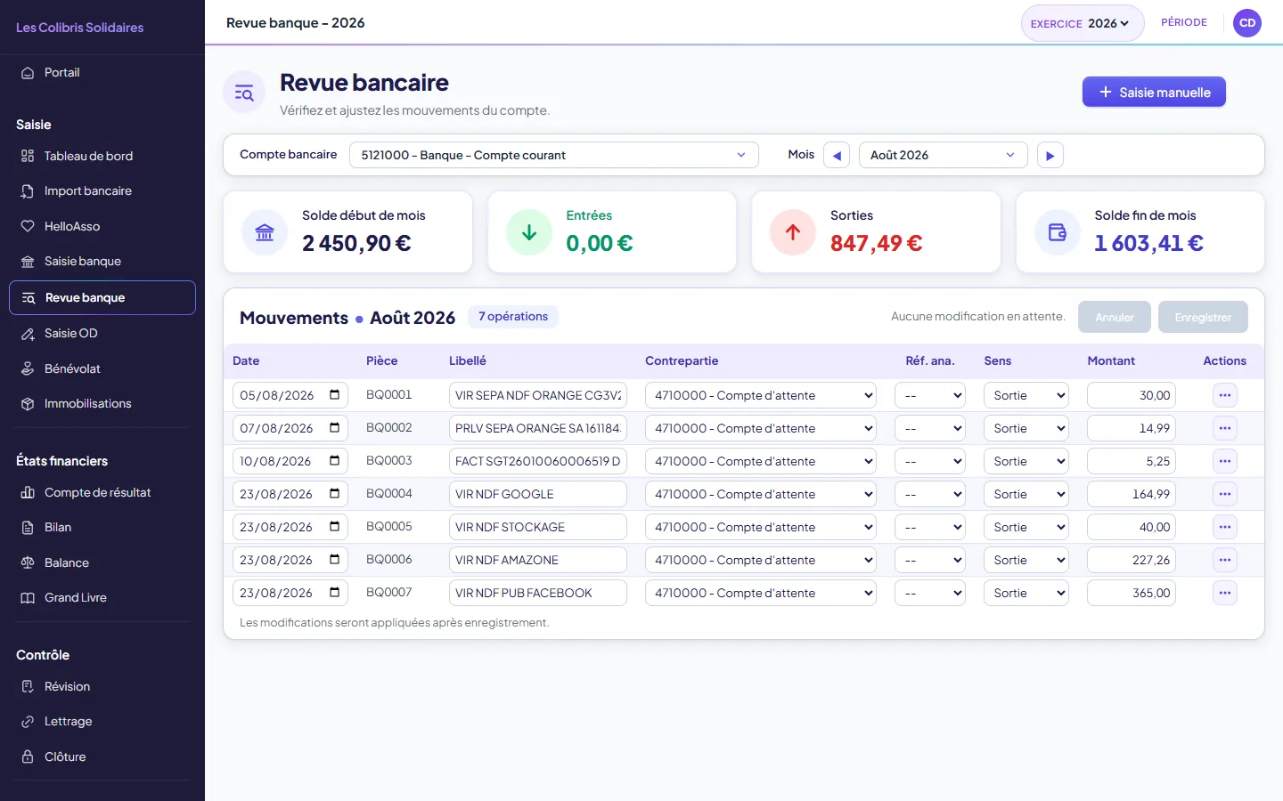 Revue banque : les mouvements d'un mois sur un compte bancaire, avec le solde de début, les entrées, les sorties et le solde de fin