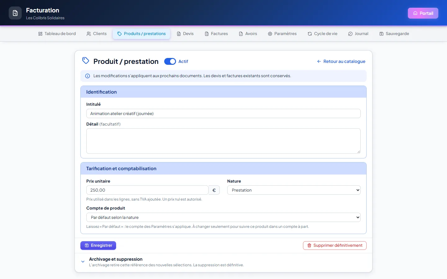 Fiche d'une prestation du catalogue : intitulé, détail, prix unitaire, nature et compte de produit