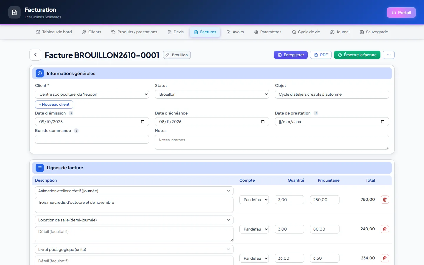 Saisie d'une facture brouillon : client, dates, puis les lignes avec leur prestation, quantité et prix unitaire