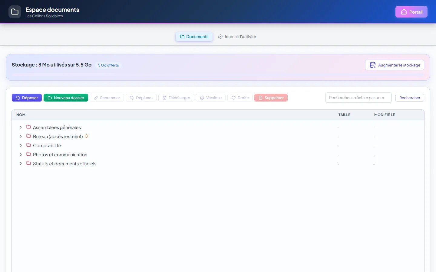 Espace documents : explorateur de dossiers