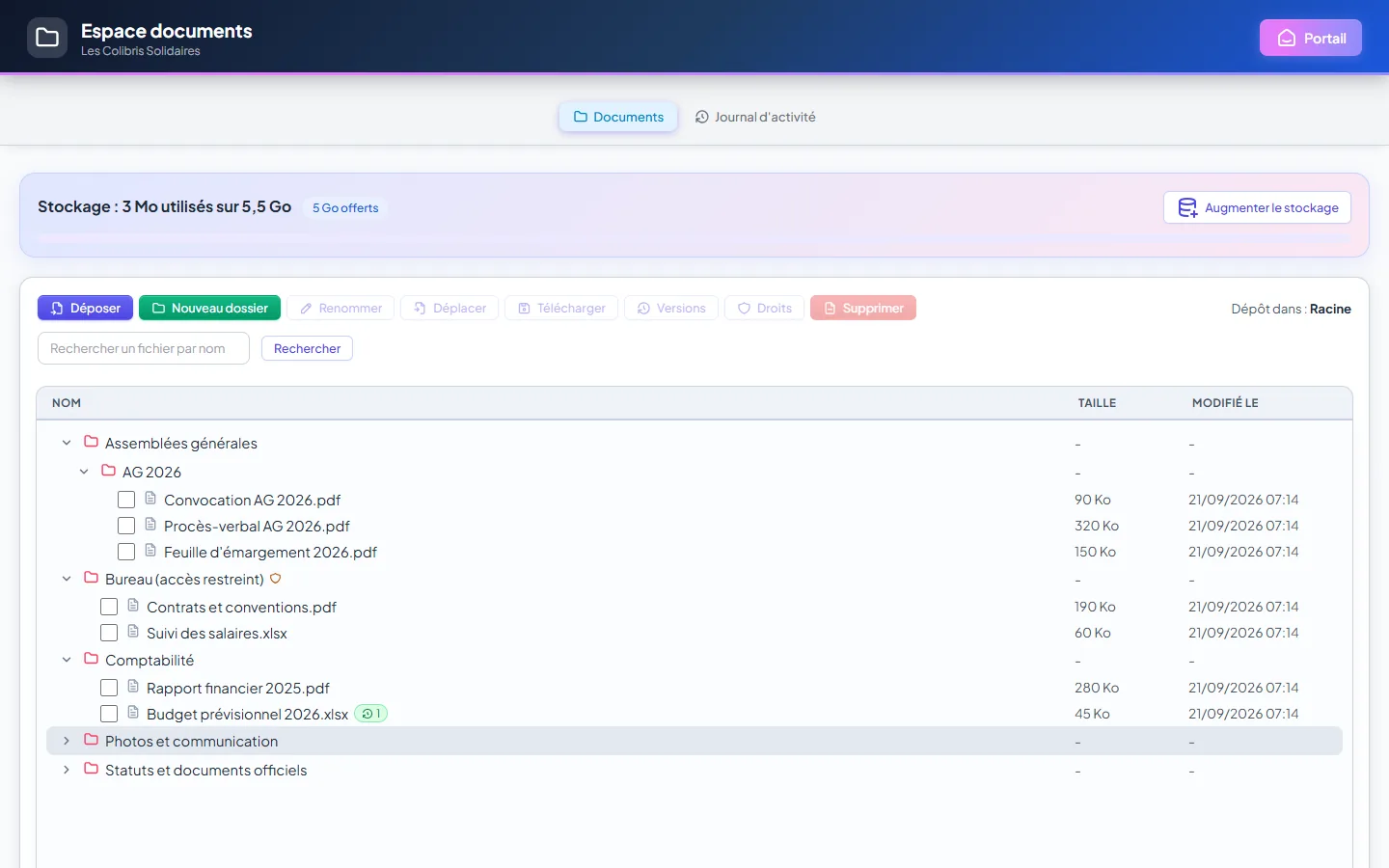 Espace documents : explorateur de dossiers