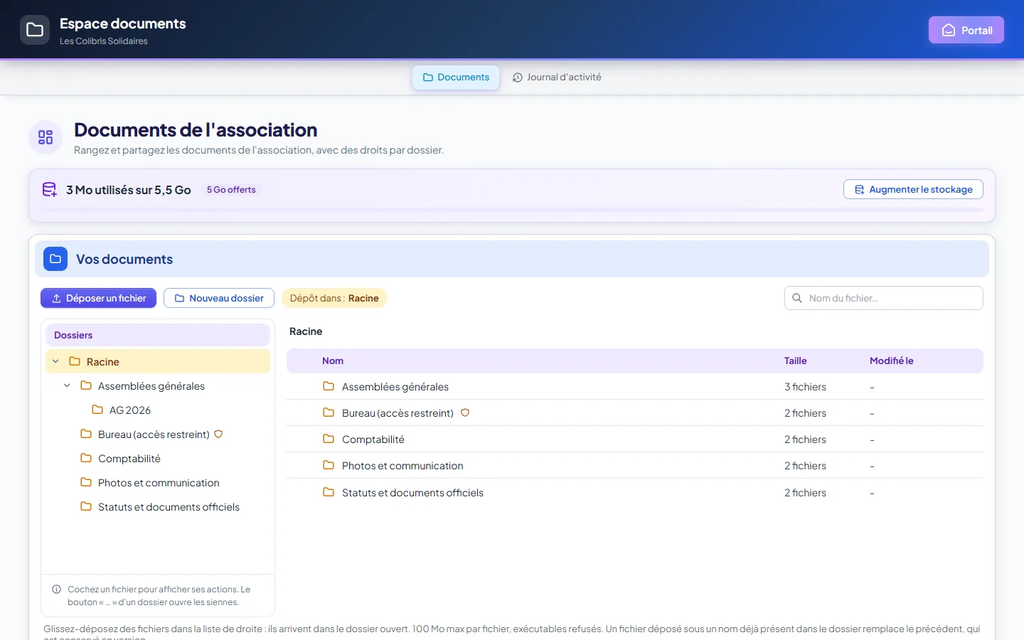 Espace documents : explorateur de dossiers