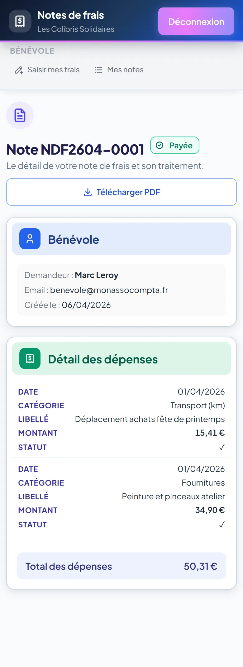 Détail d'une note de frais sur mobile