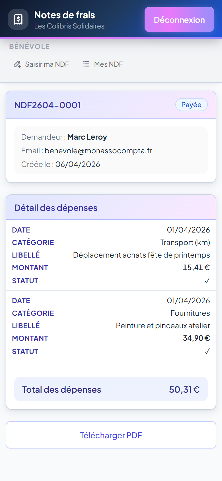 Détail d'une note de frais sur mobile