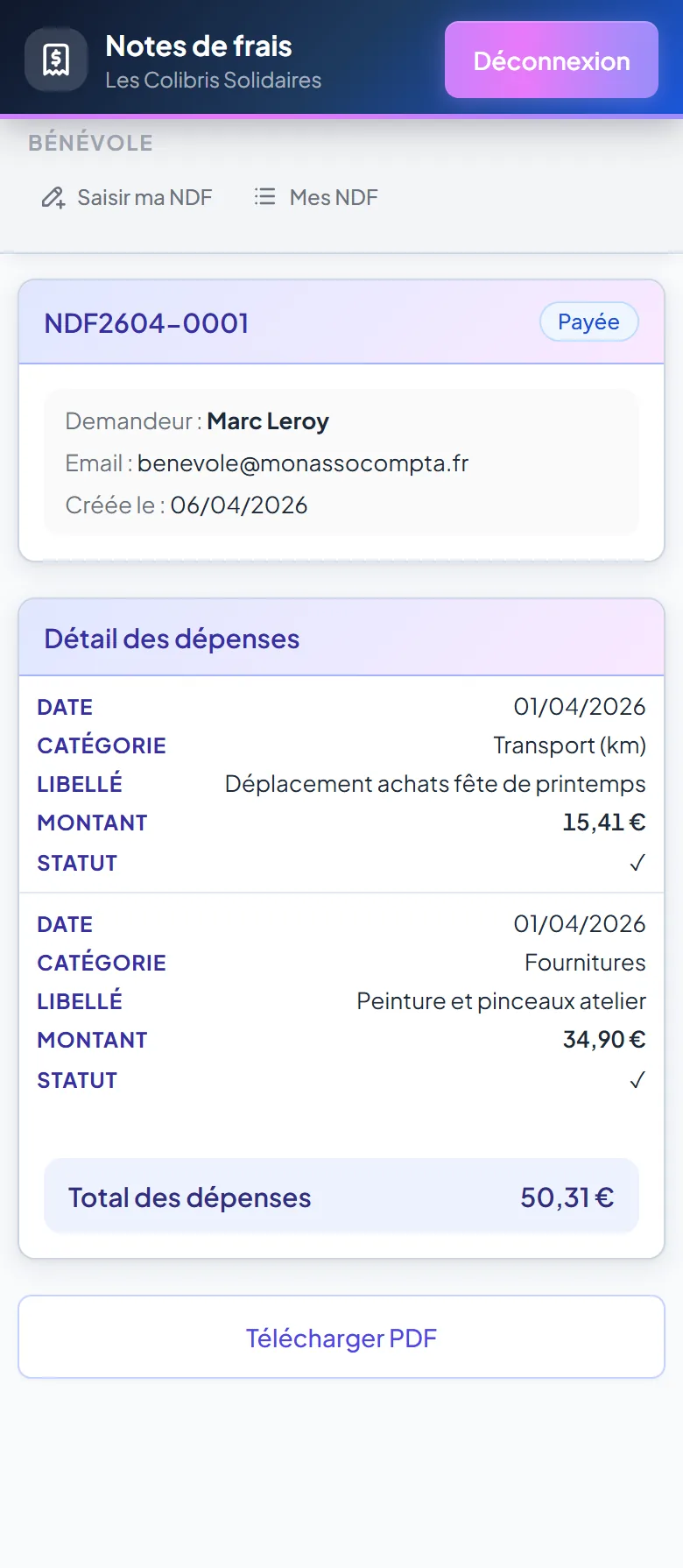 Détail d'une note de frais sur mobile