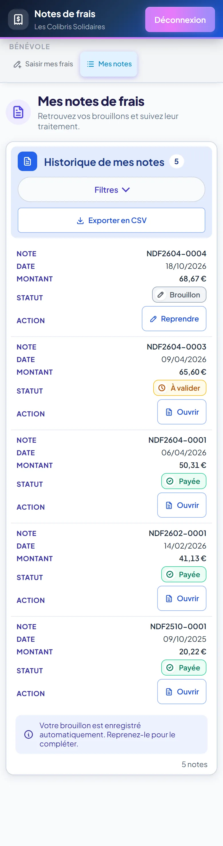 Historique de mes notes de frais sur mobile