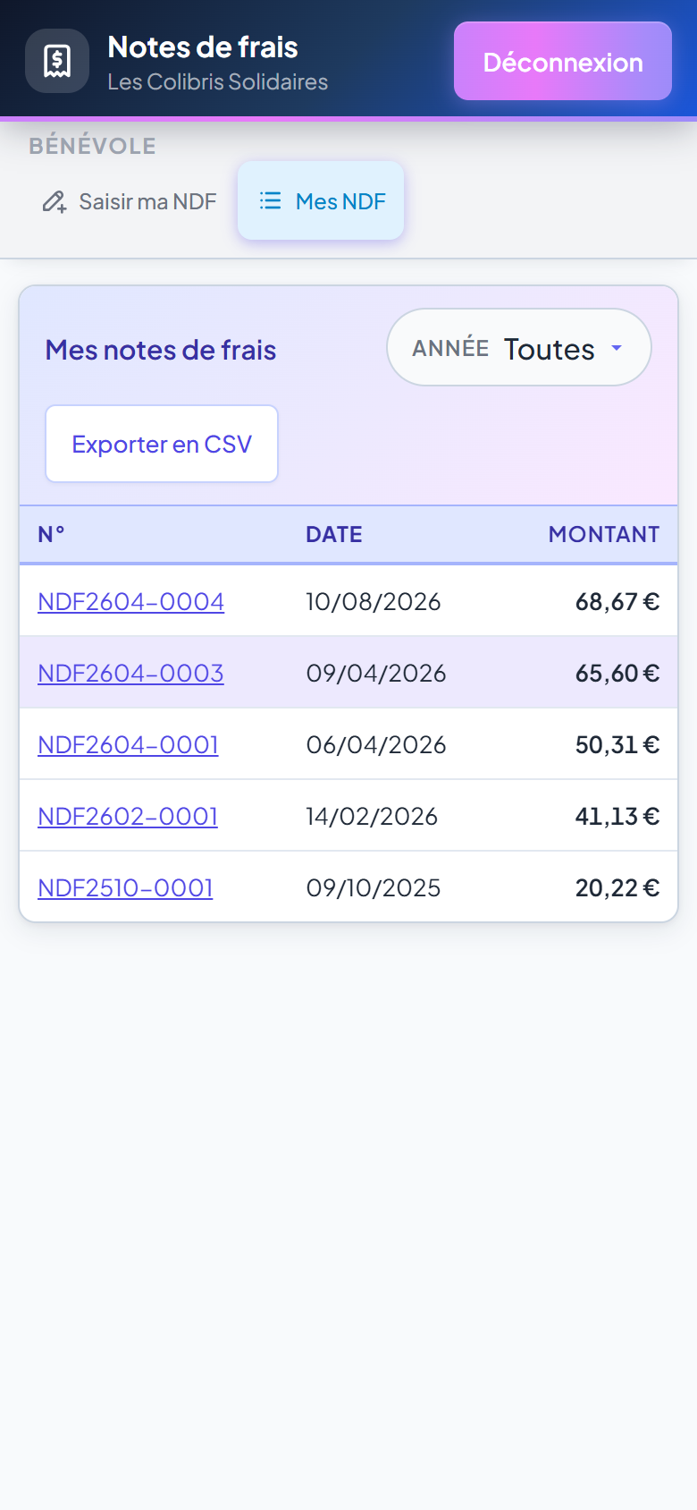 Historique de mes notes de frais sur mobile
