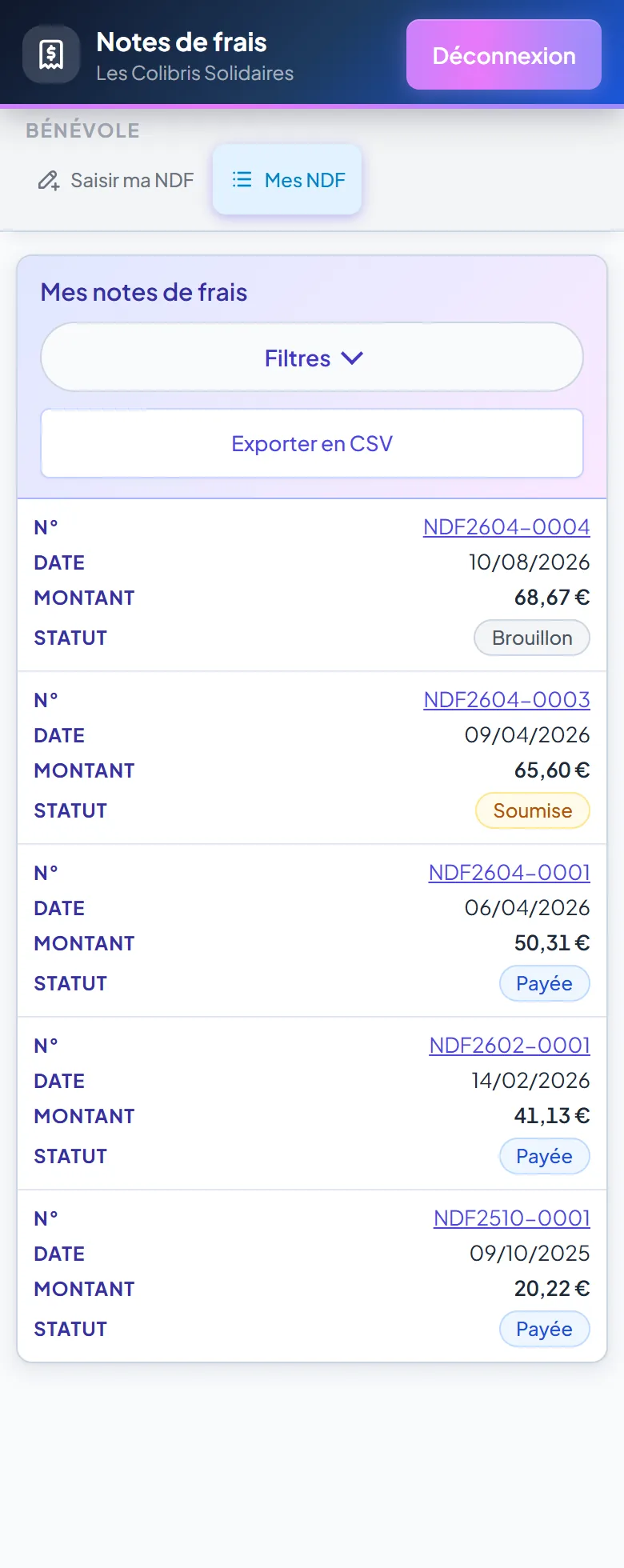 Historique de mes notes de frais sur mobile