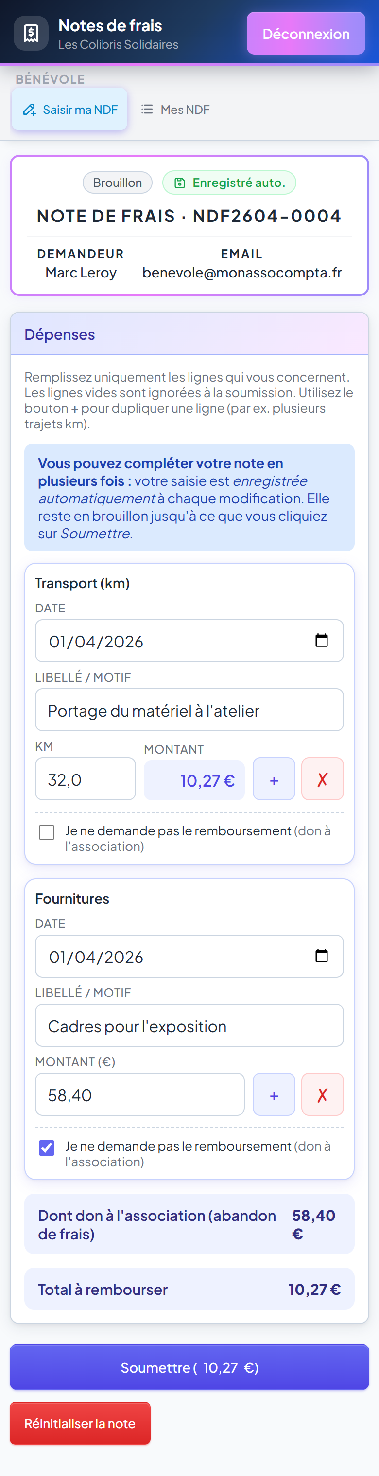 Saisie d'une note de frais sur mobile