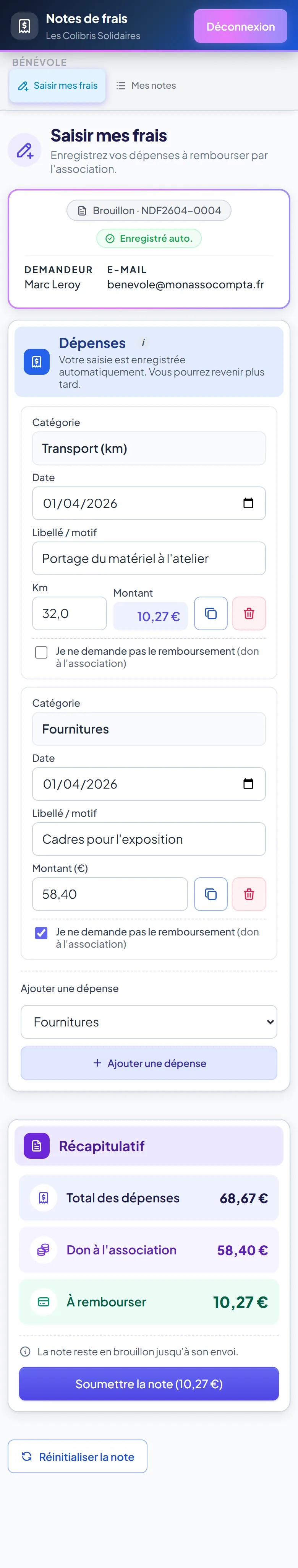 Saisie d'une note de frais sur mobile