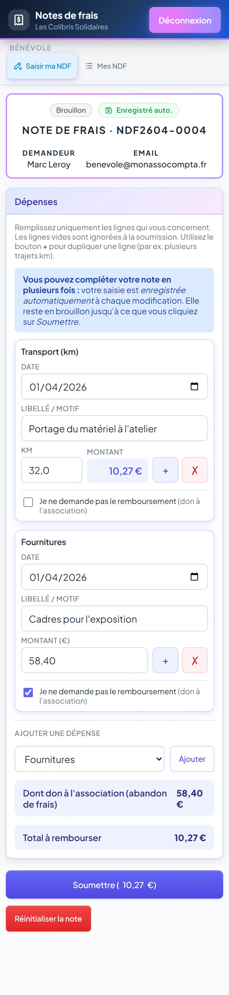 Saisie d'une note de frais sur mobile
