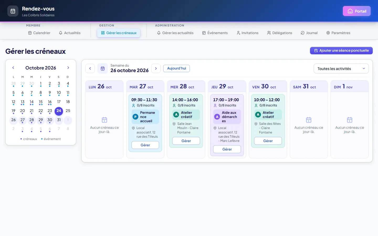 Rendez-vous : le calendrier du gestionnaire, avec les inscrits de chaque séance