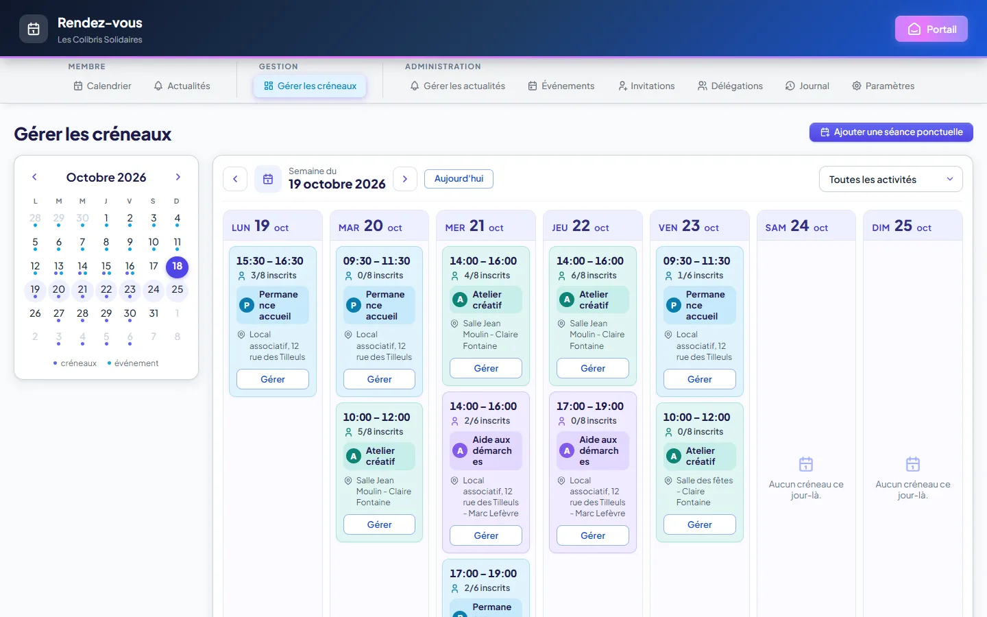Rendez-vous : le calendrier du gestionnaire, avec les inscrits de chaque séance