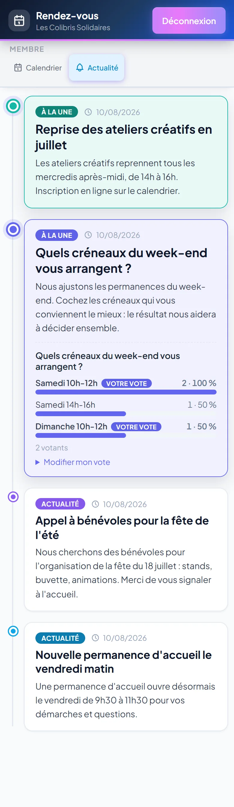 Actualités de l'association sur mobile