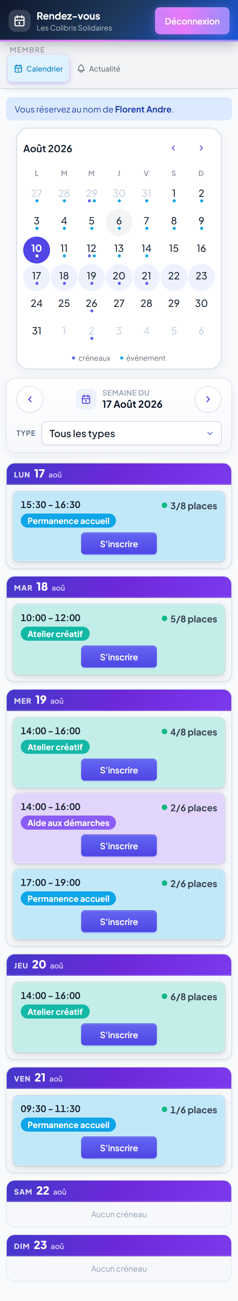 Calendrier des créneaux sur mobile