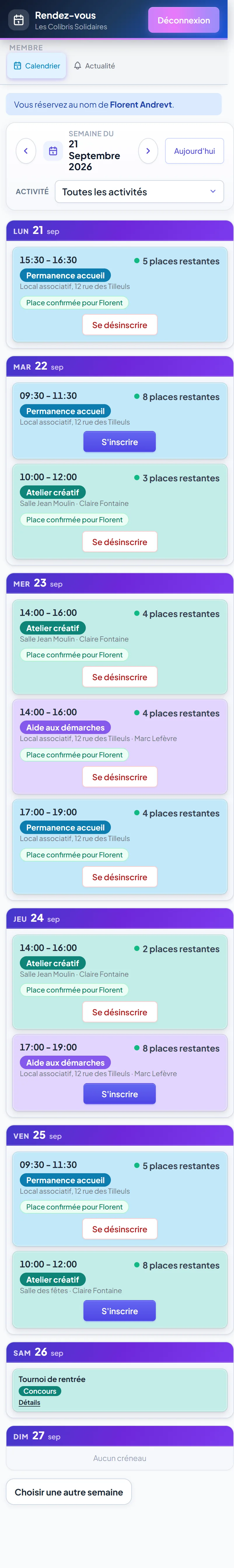 Calendrier des créneaux sur mobile