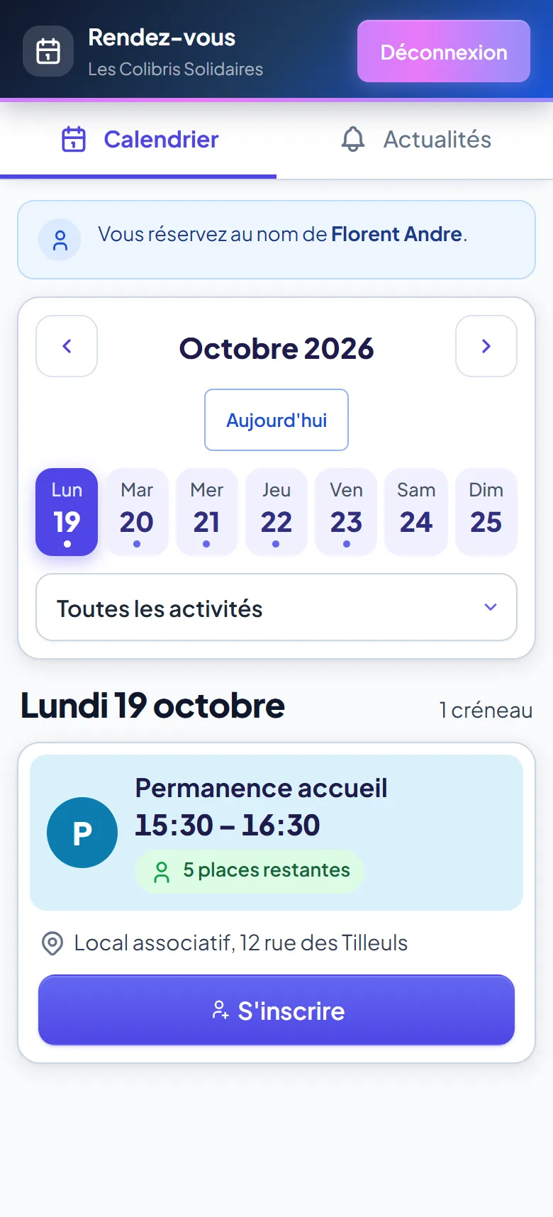 Calendrier des créneaux sur mobile