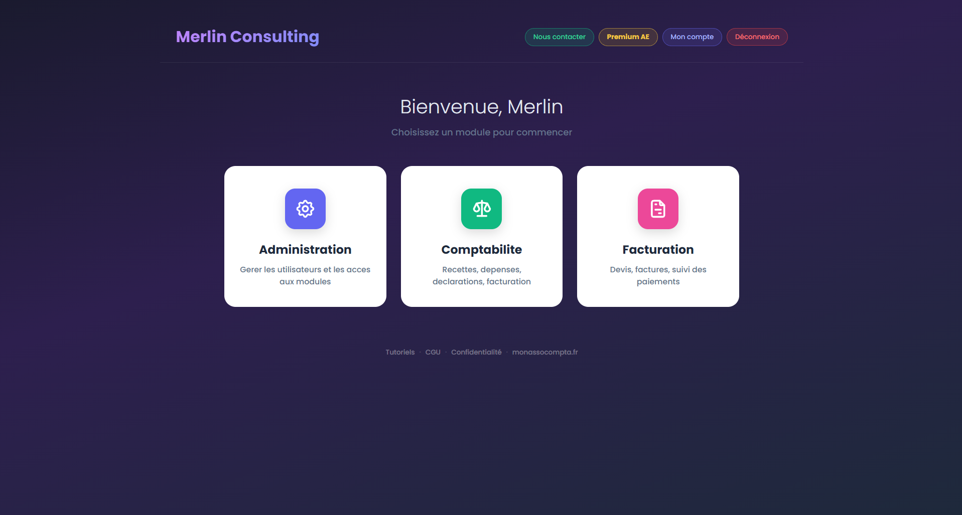 Portail d'un auto-entrepreneur avec ses tuiles de modules