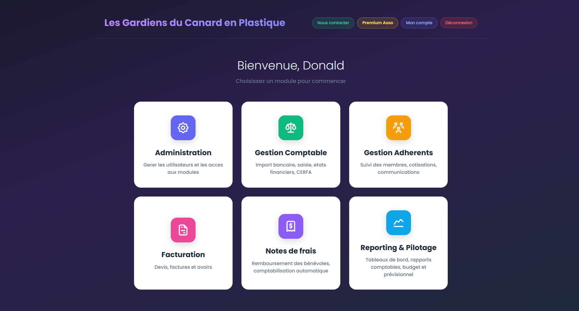 Portail d'une association avec ses tuiles de modules