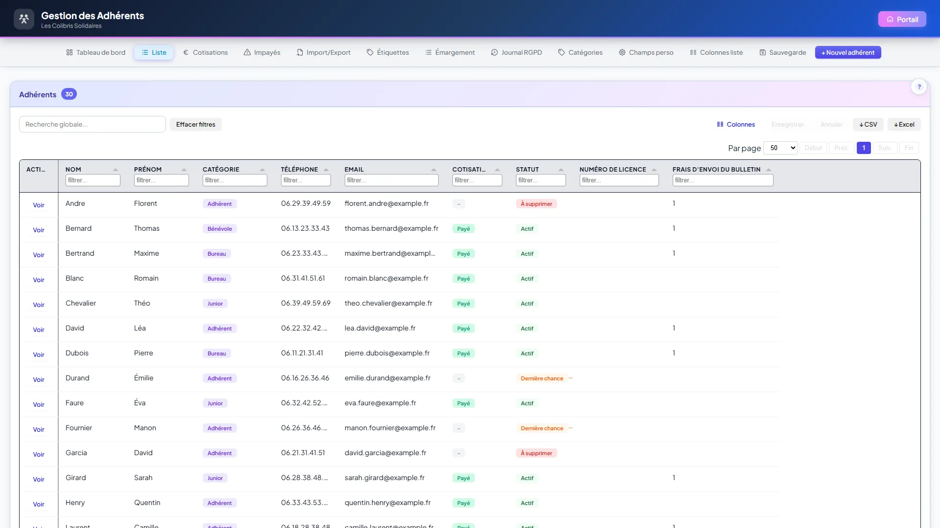 Liste des adhérents : recherche globale, filtres sous chaque en-tête de colonne, boutons Colonnes, Enregistrer, Annuler, export CSV et Excel