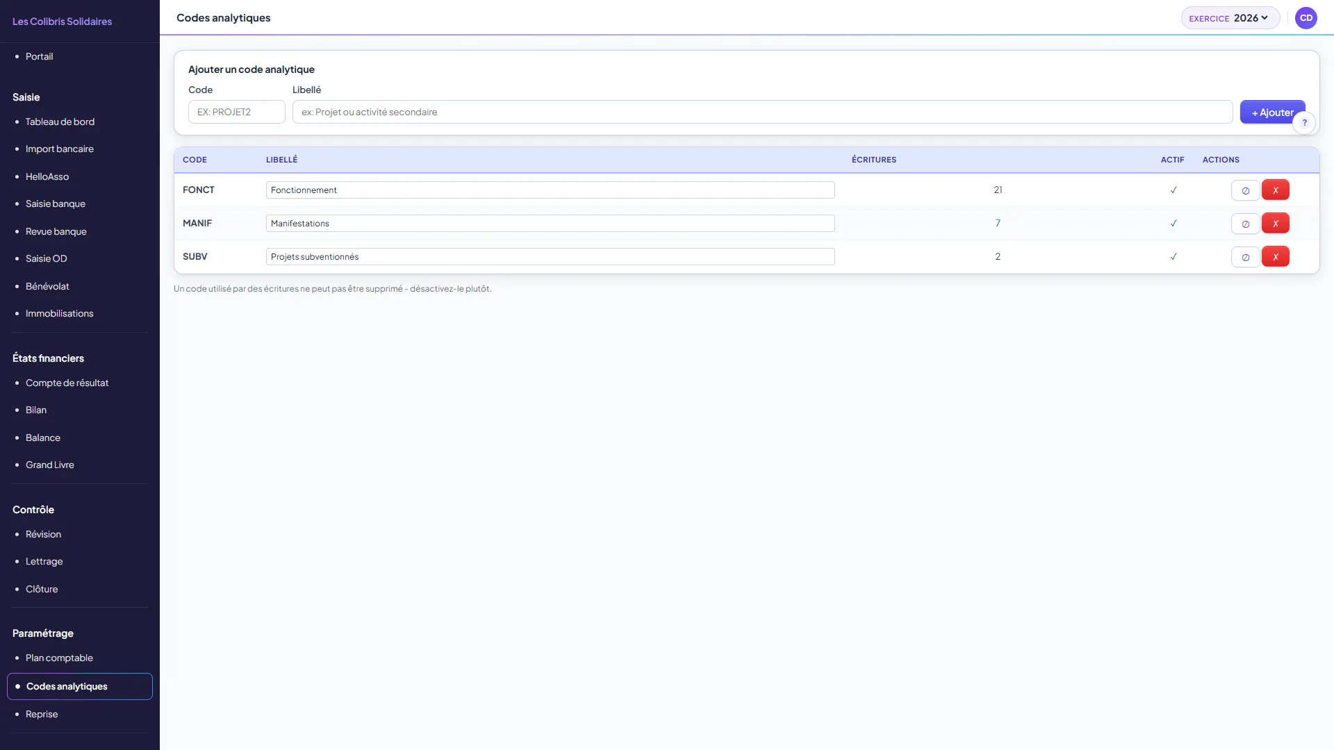 Gestion des codes analytiques de l'association